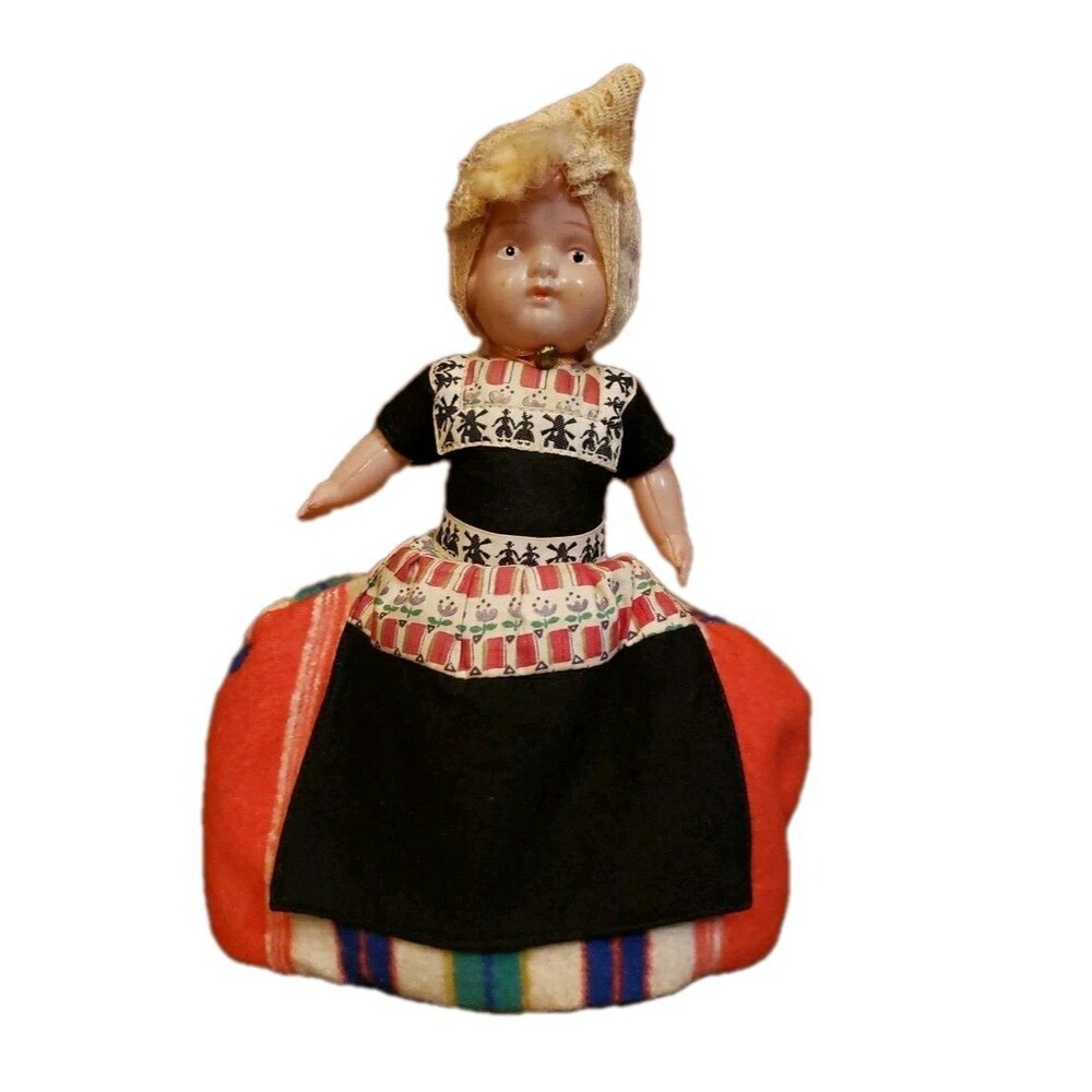 Vintage Topsy Turvy Cloth Doll Baby Girl Dress Dutch Windmill Small Church Toy